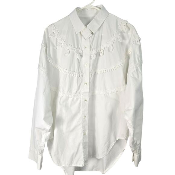 Vintage 80's 90's Peddlers Poet White Shirt Button Front Crochet Lace Detail M - Picture 1 of 12